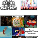 What I Watched/ What I Expected/ What I Got | HEARD; DEAD OR RAP!! FROM ZOMBIE LAND SAGA EPISODE 2; Tweedle Fortune and Tweedle Fame, anyone? | image tagged in what i watched/ what i expected/ what i got,zombieland saga,tamagotchi,zombieland,alice in wonderland | made w/ Imgflip meme maker