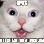 crazy cat | OMFG; WE GET CHEZBRGR AT MCDONALDZ | image tagged in crazy cat | made w/ Imgflip meme maker