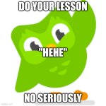 Duolingo memes | DO YOUR LESSON; "HEHE"; NO SERIOUSLY | image tagged in duolingo memes | made w/ Imgflip meme maker