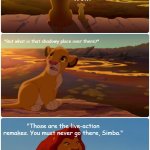 The shadowy place all along is just modern Disney... | "Look, Simba. This is Disney. Everything the light touches is from its Golden Age."; "Wow."; "But what is that shadowy place over there?"; "Those are the live-action remakes. You must never go there, Simba." | image tagged in shadowy place lion king,disney,live action,remakes,memes | made w/ Imgflip meme maker