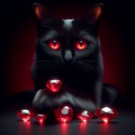 Black Cat with Red Eyes Holding Rubies