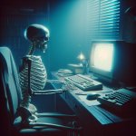 Skeleton waiting at his desktop