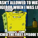 mfenfnkvnkvgr | I WASN'T ALLOWED TO WATCH SPONGEBOB WHEN I WAS LITTLE; I WATCHED THE FIRST EPISODE TODAY | image tagged in memes,don't you squidward | made w/ Imgflip meme maker