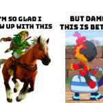 Link and Epona are brilliant. But I prefer Charcadet and Terapagos. | image tagged in im so glad i grew up with this but damn this is better,funny,the legend of zelda,pokemon | made w/ Imgflip meme maker