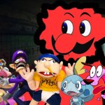 Wario and Friends dies by a Giant Red fuzzy demon Weegee while exploring in a dark hallway at 3AM | image tagged in sketchy hallway,wario dies,pokemon,jeffy,courage the cowardly dog,crossover | made w/ Imgflip meme maker