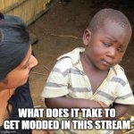 I don't know if it's good or not nearly enough but I have 20k points. | WHAT DOES IT TAKE TO GET MODDED IN THIS STREAM | image tagged in memes,third world skeptical kid,mods | made w/ Imgflip meme maker