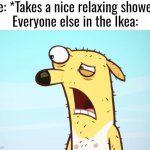 At least I don't stink anymore. | Me: *Takes a nice relaxing shower*
Everyone else in the Ikea: | image tagged in funny,shower,ikea,me everyone else | made w/ Imgflip meme maker