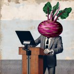 Politician with Vegetable Head Reads from Teleprompter