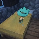 Gumball sleeping in minecraft bed | image tagged in wet bed | made w/ Imgflip meme maker