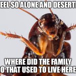 Lonely roach... | I FEEL SO ALONE AND DESERTED; WHERE DID THE FAMILY GO THAT USED TO LIVE HERE? | image tagged in cockroach meme | made w/ Imgflip meme maker
