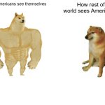 Buff Doge vs. Cheems Meme | How Americans see themselves; How rest of world sees Americans | image tagged in memes,buff doge vs cheems | made w/ Imgflip meme maker