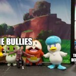 f*** school logic | THE BULLIES; THE VICTIM WHO DEFENDED HIMSELF | image tagged in rtgame taking a photo security guard is not amused | made w/ Imgflip meme maker