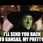 Wicked witch of the west | I'LL SEND YOU BACK TO KANSAS, MY PRETTY! | image tagged in wicked witch of the west | made w/ Imgflip meme maker