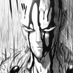 Saitama staring intensely in the rain