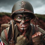 A Native American world war two soldier looking angry.