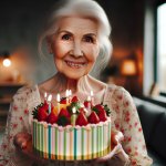 old lady with a birthday cake