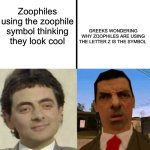 ? | Zoophiles using the zoophile symbol thinking they look cool; GREEKS WONDERING WHY ZOOPHILES ARE USING THE LETTER Z IS THE SYMBOL | image tagged in mr bean | made w/ Imgflip meme maker