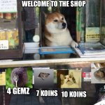 shop dog | WELCOME TO THE SHOP; 20 KOINS 9 GEMZ; 1 GEM; 4 GEMZ; 7 KOINS; 10 KOINS | image tagged in shop dog | made w/ Imgflip meme maker