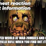 afton not liking world at war zombies | YOU PLAYED WORLD AT WAR ZOMBIES AND CHOOSES THE SPRINGFIELD RIFLE WHEN YOU FIND OUT ITS TERRIBLE | image tagged in springtrap honest reaction | made w/ Imgflip meme maker