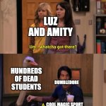 Meet my new hyperfixation | LUZ AND AMITY; HUNDREDS OF DEAD STUDENTS; DUMBLEDORE; COOL MAGIC SPORT | image tagged in whatcha got there,the owl house,harry potter | made w/ Imgflip meme maker