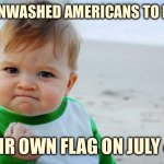Success Kid Original | BRAINWASHED AMERICANS TO BURN; THEIR OWN FLAG ON JULY 4TH | image tagged in memes,success kid original | made w/ Imgflip meme maker