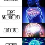 The Shows You Watch Growing Up | CAILLOU; MAX AND RUBY; ARTHUR; BLUEY | image tagged in memes,expanding brain,bluey,arthur,caillou | made w/ Imgflip meme maker