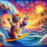 kitty surfing on a surfboard supping a mai thai