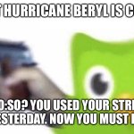 duolingo gun | ME:BUT HURRICANE BERYL IS COMING; DUO:SO? YOU USED YOUR STREAK FREEZE YESTERDAY. NOW YOU MUST PAY 💰 😡 | image tagged in duolingo gun | made w/ Imgflip meme maker