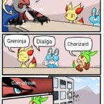 Gen 6 Pokémon Board Meeting meme | What Pokémon should we bring back in Pokémon Legends Z-A? Gamefreak; The Pokémon Company; Greninja; Dialga; Charizard; Gamefreak | image tagged in pokemon board meeting,pokemon,pokemon memes,memes | made w/ Imgflip meme maker