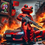 Red Pepe, red body, red head, chinese clothes, big maschine gun,