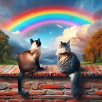 Two cats looking fascinated at a rainbow