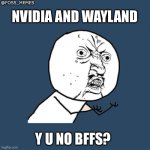 Nvidia and wayland is bff? | @FOSS_MEMES; NVIDIA AND WAYLAND; Y U NO BFFS? | image tagged in memes,y u no | made w/ Imgflip meme maker