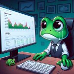 pepe sitting in front of computer while crying and the screen sh