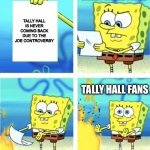 Tally Hall fans be like | TALLY HALL FANS; TALLY HALL IS NEVER COMING BACK DUE TO THE JOE CONTROVERSY; TALLY HALL FANS | image tagged in spongebob burning paper | made w/ Imgflip meme maker