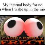 Every time this happens lol | My internal body for no reason when I wake up in the morning: | image tagged in completely erect,memes,funny,smg4 | made w/ Imgflip meme maker