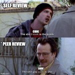 Self Review Peer Review | * SELF REVIEW; CODE; ____; * PEER REVIEW; CODE; ____ | image tagged in breaking bad the shit i cook is the bomb | made w/ Imgflip meme maker