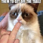 I have cats | CATS WHEN YOU TELL THEM TO GET OFF THE TABLE | image tagged in memes,grumpy cat | made w/ Imgflip meme maker