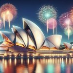 Opera house austrália com fogos de ano novo