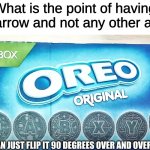 Oreo xbox | What is the point of having an up arrow and not any other arrows? YOU CAN JUST FLIP IT 90 DEGREES OVER AND OVER AGAIN | image tagged in oreo xbox | made w/ Imgflip meme maker