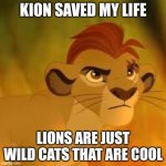 Kion | KION SAVED MY LIFE; LIONS ARE JUST WILD CATS THAT ARE COOL | image tagged in why foxy 501 killed wrinkles and quackers before i go home | made w/ Imgflip meme maker