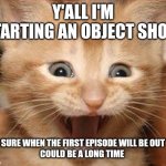 Excited Cat | Y'ALL I'M STARTING AN OBJECT SHOW; NOT SURE WHEN THE FIRST EPISODE WILL BE OUT THO
COULD BE A LONG TIME | image tagged in memes,excited cat | made w/ Imgflip meme maker