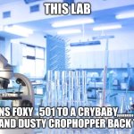 Thats it foxy 501 my friends love dusty crophopper and kion! Lets lab in to turn foxy 501 to a crybaby because foxy 501 offical  | THIS LAB; TURNS FOXY_501 TO A CRYBABY,,,,,,,,, AND KEEP KION AND DUSTY CROPHOPPER BACK TO NORMAL | image tagged in laboratory | made w/ Imgflip meme maker