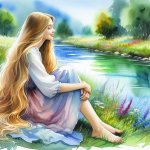 blond woman long hair and dress in a meadow by river