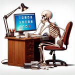 a skeleton sitting at a pc bored