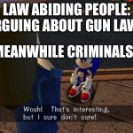 woah that's interesting but i sure dont care | LAW ABIDING PEOPLE: *ARGUING ABOUT GUN LAWS*; MEANWHILE CRIMINALS: | image tagged in woah that's interesting but i sure dont care | made w/ Imgflip meme maker