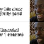 Disappointed Black Guy (Textboxes fixed) | Hey this show is pretty good; (Canceled after 1 season) | image tagged in disappointed black guy textboxes fixed | made w/ Imgflip meme maker