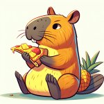 Capybara eating pizza with pineapples on the pizza