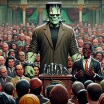 Frankenstein's monster gives a press conference as crowd screams