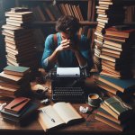 Person surrounded by books at a typewriter