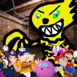 Wario and Friends dies by a yellow fuzzy demon because of Waluigi accidentally summoning it | image tagged in basement,crossover,wario dies | made w/ Imgflip meme maker